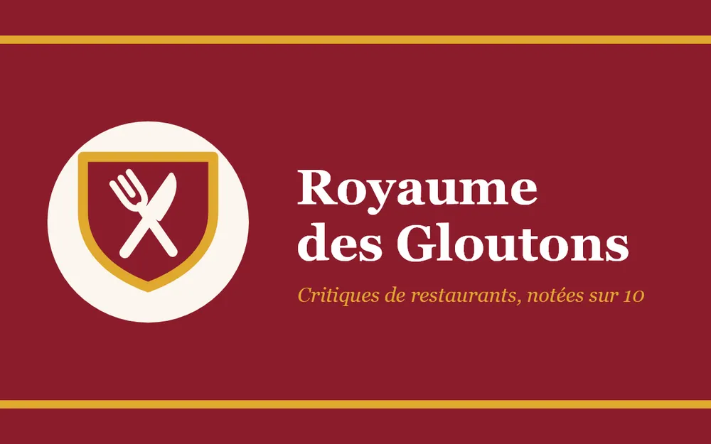Blason Royaume des Gloutons, fourchette et couteau croisés, sur fond bordeaux